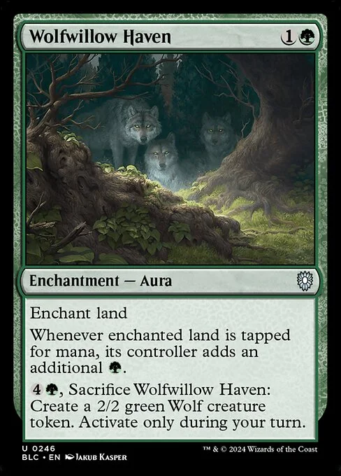 Wolfwillow Haven, carta Magic di tipo Enchantment — Aura illustrata da Jakub Kasper