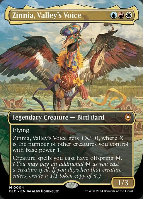 Zinnia, Valley's Voice, carta Magic di tipo Legendary Creature — Bird Bard illustrata da Aldo Domínguez