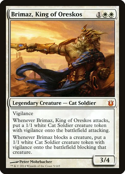 Brimaz, King of Oreskos, carta Magic di tipo Legendary Creature — Cat Soldier illustrata da Peter Mohrbacher