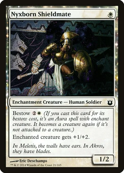 Nyxborn Shieldmate, carta Magic di tipo Enchantment Creature — Human Soldier illustrata da Eric Deschamps