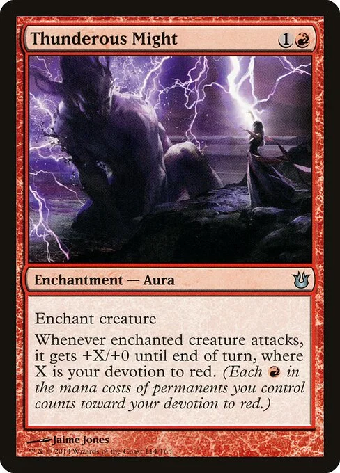 Thunderous Might, carta Magic di tipo Enchantment — Aura illustrata da Jaime Jones