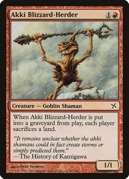 Akki Blizzard-Herder, carta Magic di tipo Creature — Goblin Shaman illustrata da Pete Venters