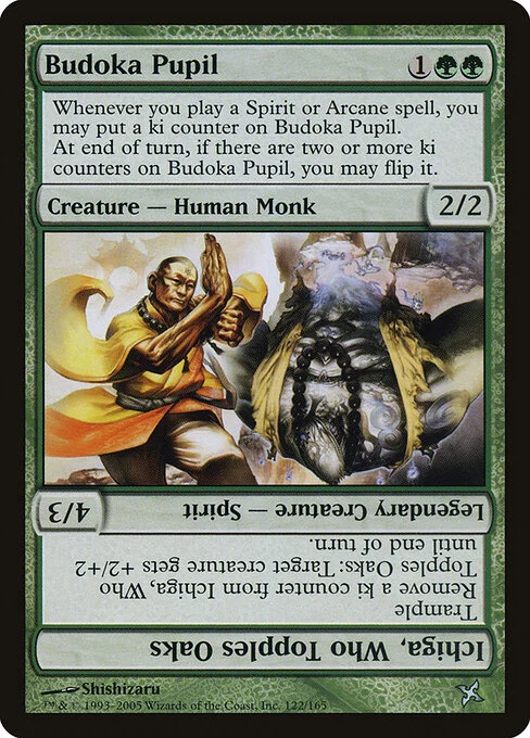Budoka Pupil // Ichiga, Who Topples Oaks, carta Magic di tipo Creature — Human Monk // Legendary Creature — Spirit illustrata da Shishizaru
