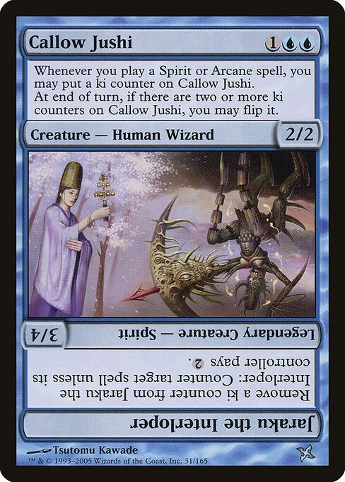 Callow Jushi // Jaraku the Interloper, carta Magic di tipo Creature — Human Wizard // Legendary Creature — Spirit illustrata da Tsutomu Kawade