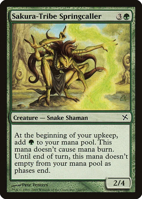 Sakura-Tribe Springcaller, carta Magic di tipo Creature — Snake Shaman illustrata da Pete Venters