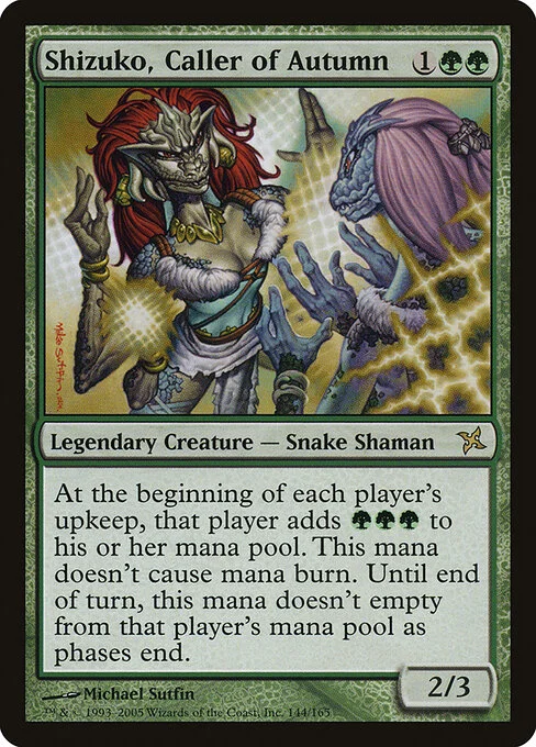 Shizuko, Caller of Autumn, carta Magic di tipo Legendary Creature — Snake Shaman illustrata da Michael Sutfin