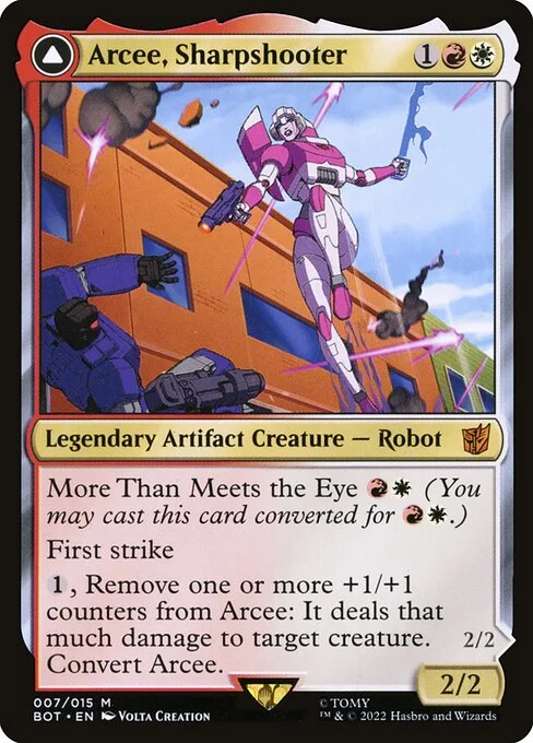 Arcee, Sharpshooter // Arcee, Acrobatic Coupe, carta Magic di tipo Legendary Artifact Creature — Robot // Legendary Artifact — Vehicle illustrata da Volta Creation