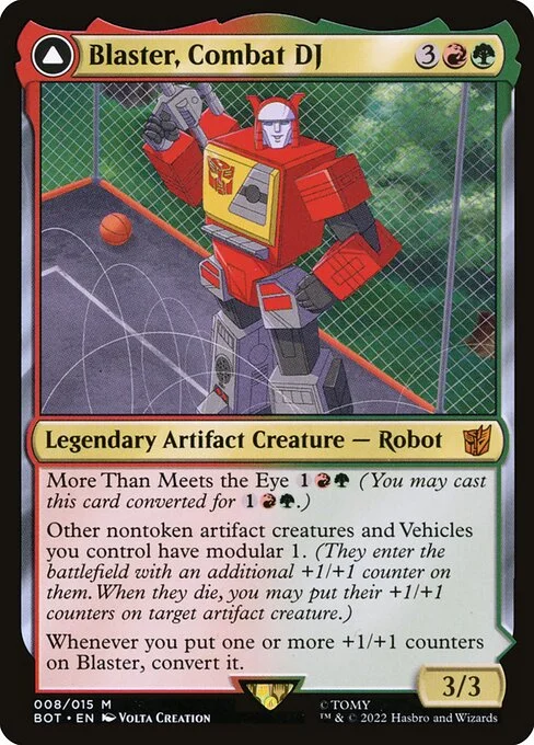 Blaster, Combat DJ // Blaster, Morale Booster, carta Magic di tipo Legendary Artifact Creature — Robot // Legendary Artifact illustrata da Volta Creation