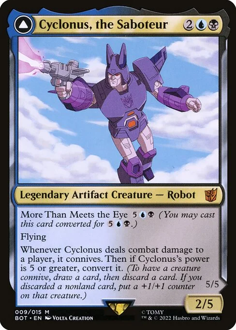 Cyclonus, the Saboteur // Cyclonus, Cybertronian Fighter, carta Magic di tipo Legendary Artifact Creature — Robot // Legendary Artifact — Vehicle illustrata da Volta Creation