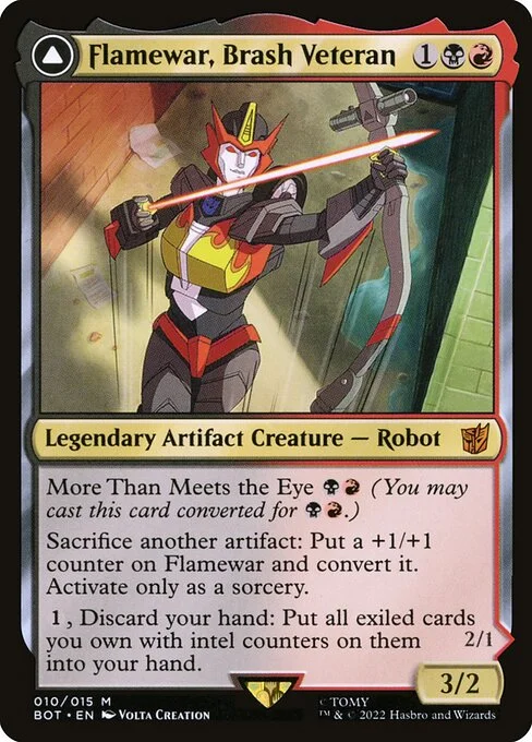 Flamewar, Brash Veteran // Flamewar, Streetwise Operative, carta Magic di tipo Legendary Artifact Creature — Robot // Legendary Artifact — Vehicle illustrata da Volta Creation