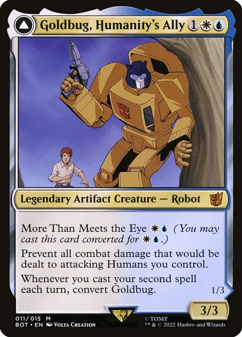 Goldbug, Humanity's Ally // Goldbug, Scrappy Scout, carta Magic di tipo Legendary Artifact Creature — Robot // Legendary Artifact — Vehicle illustrata da Volta Creation