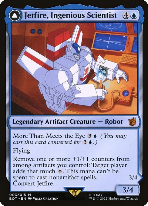 Jetfire, Ingenious Scientist // Jetfire, Air Guardian, carta Magic di tipo Legendary Artifact Creature — Robot // Legendary Artifact — Vehicle illustrata da Volta Creation