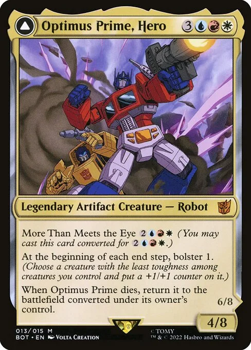 Optimus Prime, Hero // Optimus Prime, Autobot Leader, carta Magic di tipo Legendary Artifact Creature — Robot // Legendary Artifact — Vehicle illustrata da Volta Creation