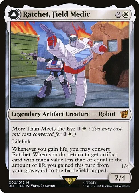 Ratchet, Field Medic // Ratchet, Rescue Racer, carta Magic di tipo Legendary Artifact Creature — Robot // Legendary Artifact — Vehicle illustrata da Volta Creation