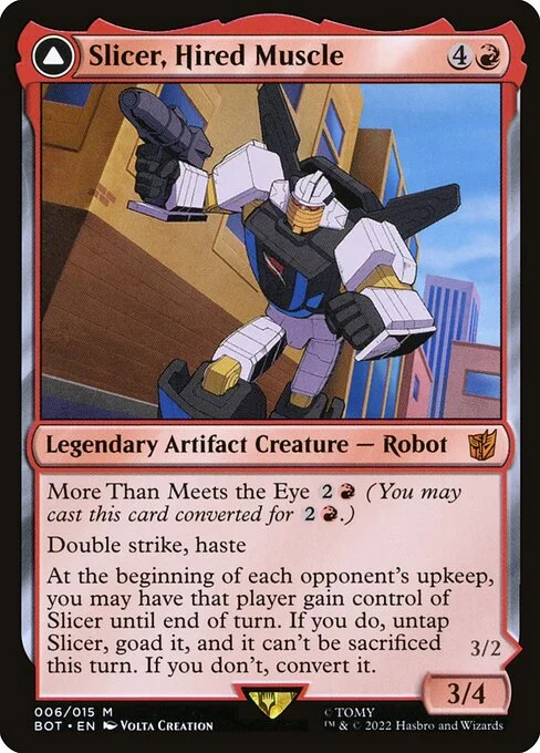 Slicer, Hired Muscle // Slicer, High-Speed Antagonist, carta Magic di tipo Legendary Artifact Creature — Robot // Legendary Artifact — Vehicle illustrata da Volta Creation