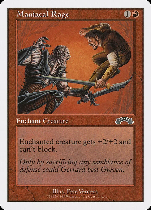 Maniacal Rage, carta Magic di tipo Enchantment — Aura illustrata da Pete Venters