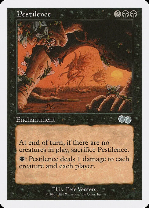 Pestilence, carta Magic di tipo Enchantment illustrata da Pete Venters