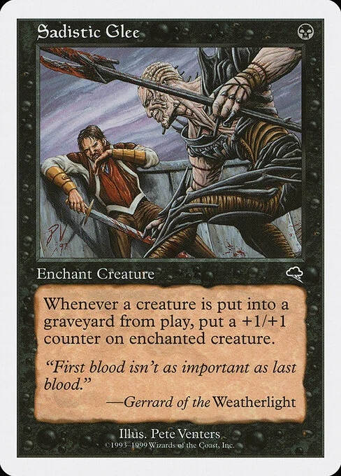Sadistic Glee, carta Magic di tipo Enchantment — Aura illustrata da Pete Venters
