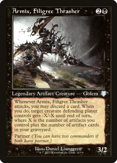Armix, Filigree Thrasher, carta Magic di tipo Legendary Artifact Creature — Golem illustrata da Daniel Ljunggren