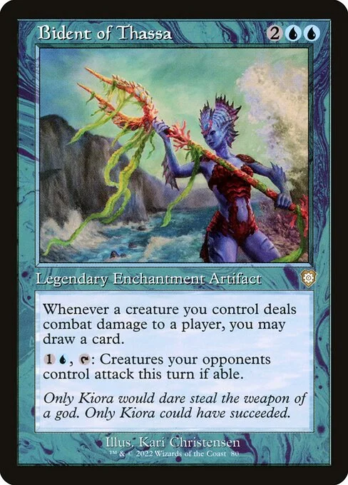 Bident of Thassa, carta Magic di tipo Legendary Enchantment Artifact illustrata da Kari Christensen