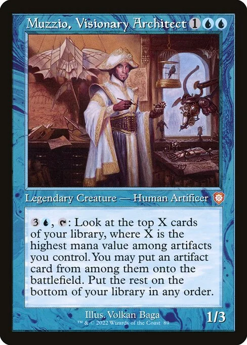 Muzzio, Visionary Architect, carta Magic di tipo Legendary Creature — Human Artificer illustrata da Volkan Baǵa