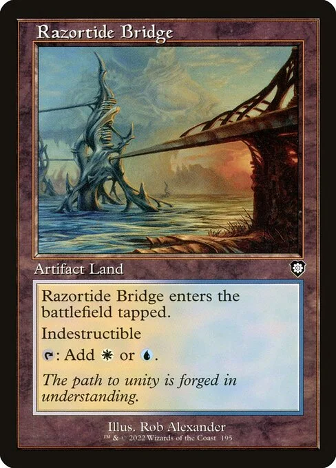 Razortide Bridge, carta Magic di tipo Artifact Land illustrata da Rob Alexander