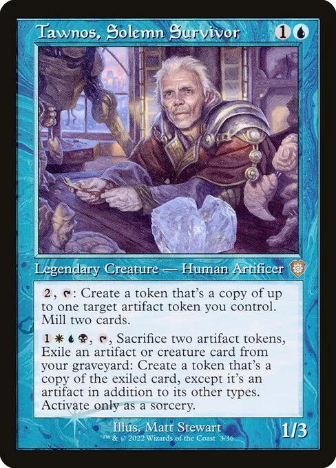Tawnos, Solemn Survivor, carta Magic di tipo Legendary Creature — Human Artificer illustrata da Matt Stewart