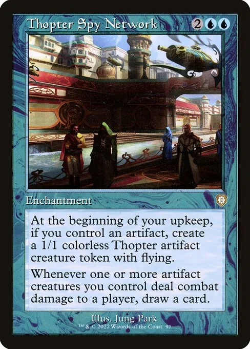 Thopter Spy Network, carta Magic di tipo Enchantment illustrata da Jung Park