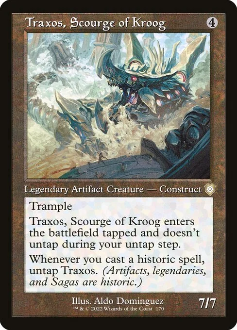 Traxos, Scourge of Kroog, carta Magic di tipo Legendary Artifact Creature — Construct illustrata da Aldo Domínguez