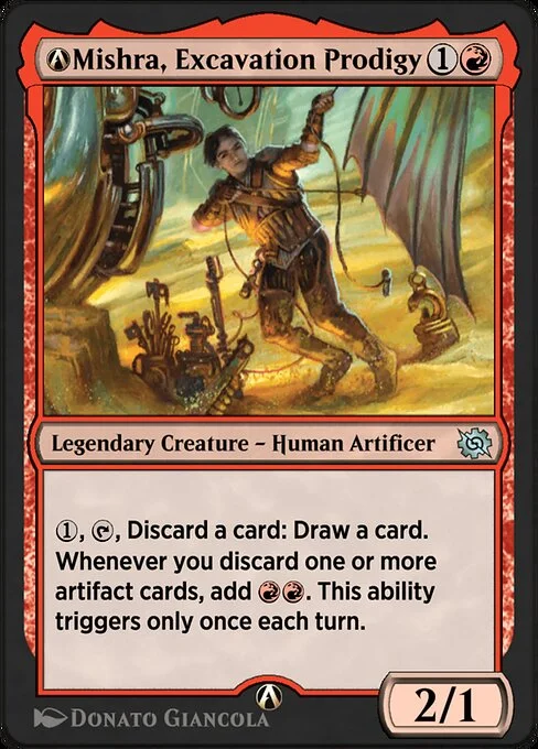 A-Mishra, Excavation Prodigy, carta Magic di tipo Legendary Creature — Human Artificer illustrata da Donato Giancola