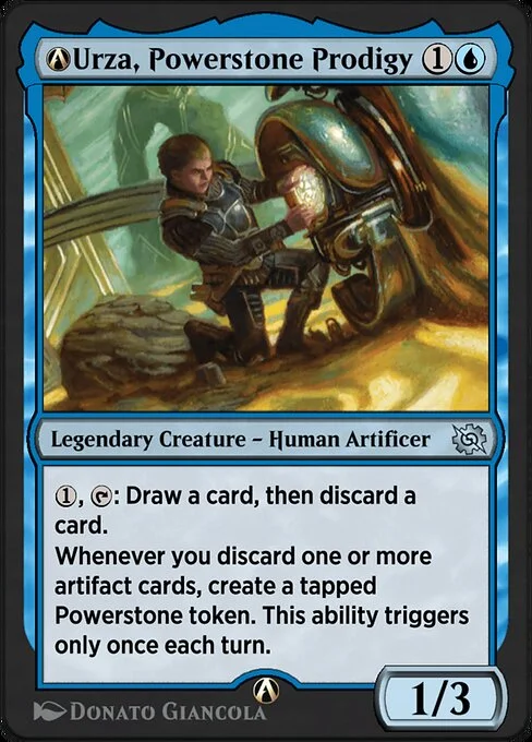 A-Urza, Powerstone Prodigy, carta Magic di tipo Legendary Creature — Human Artificer illustrata da Donato Giancola