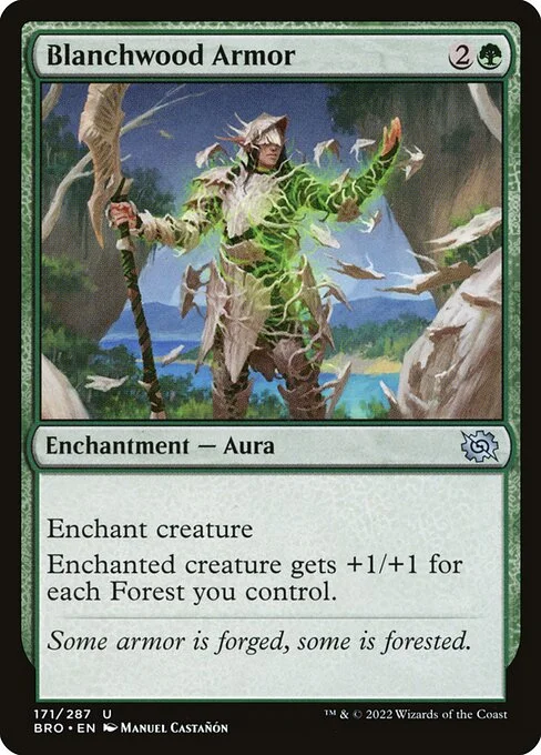Blanchwood Armor, carta Magic di tipo Enchantment — Aura illustrata da Manuel Castañón
