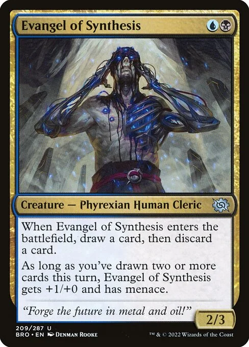 Evangel of Synthesis, carta Magic di tipo Creature — Phyrexian Human Cleric illustrata da Denman Rooke