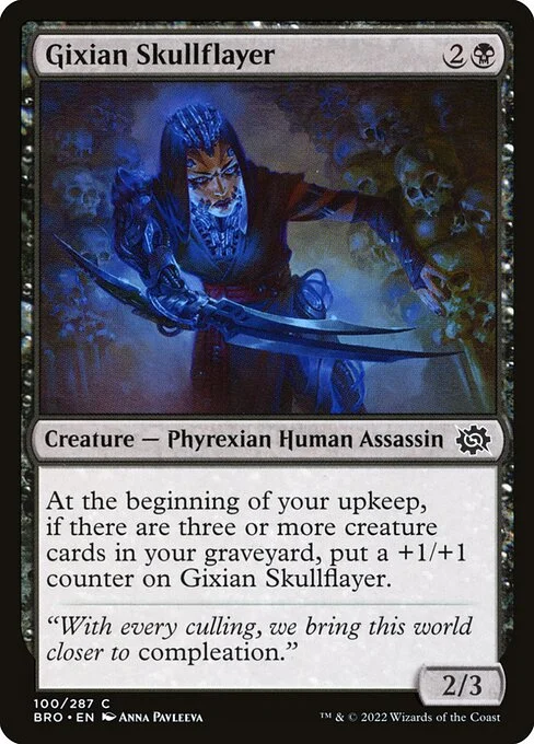 Gixian Skullflayer, carta Magic di tipo Creature — Phyrexian Human Assassin illustrata da Anna Pavleeva