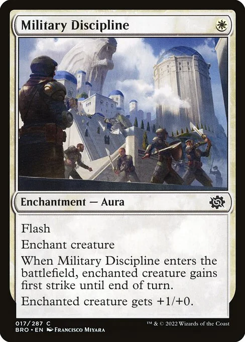 Military Discipline, carta Magic di tipo Enchantment — Aura illustrata da Francisco Miyara