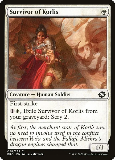 Survivor of Korlis, carta Magic di tipo Creature — Human Soldier illustrata da Julia Metzger