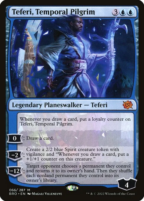 Teferi, Temporal Pilgrim, carta Magic di tipo Legendary Planeswalker — Teferi illustrata da Magali Villeneuve