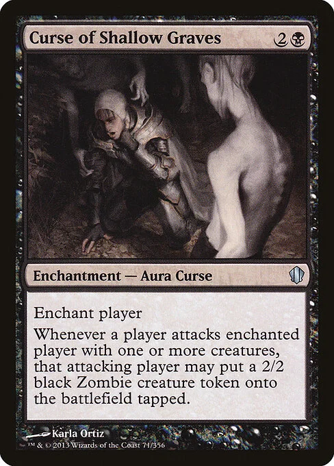 Curse of Shallow Graves, carta Magic di tipo Enchantment — Aura Curse illustrata da Karla Ortiz