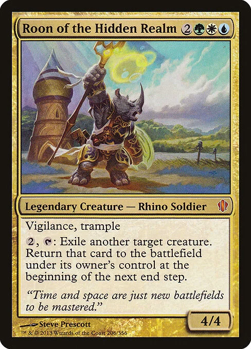 Roon of the Hidden Realm, carta Magic di tipo Legendary Creature — Rhino Soldier illustrata da Steve Prescott