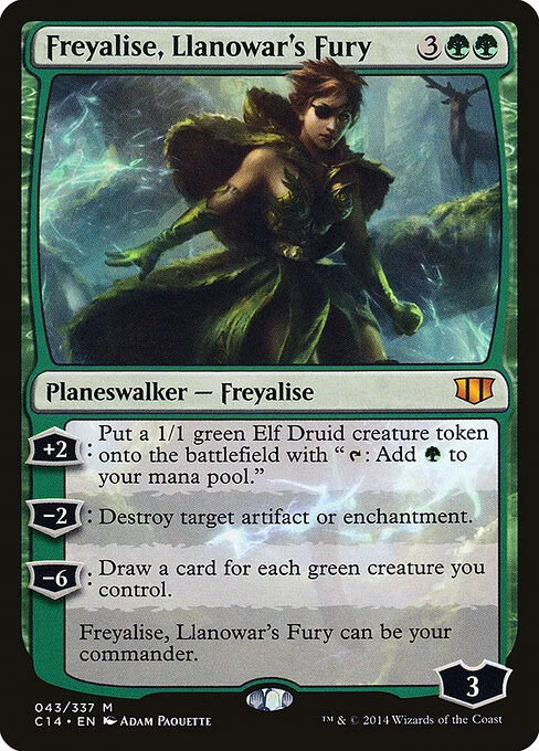 Freyalise, Llanowar's Fury, carta Magic di tipo Legendary Planeswalker — Freyalise illustrata da Adam Paquette