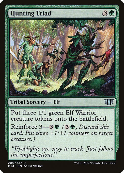 Hunting Triad, carta Magic di tipo Kindred Sorcery — Elf illustrata da Jim Nelson