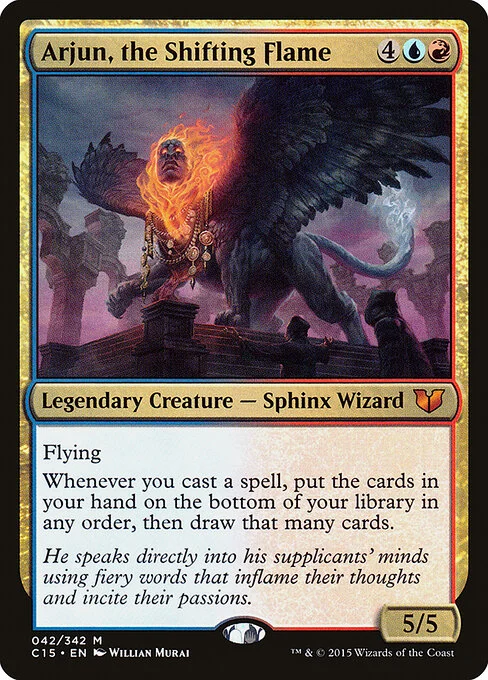 Arjun, the Shifting Flame, carta Magic di tipo Legendary Creature — Sphinx Wizard illustrata da Willian Murai
