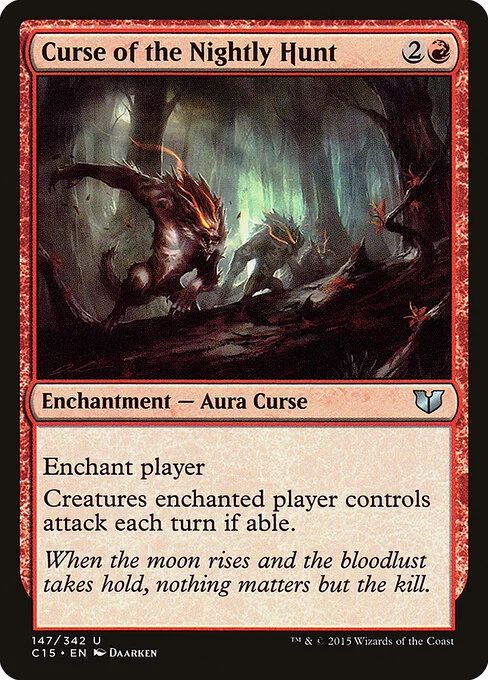 Curse of the Nightly Hunt, carta Magic di tipo Enchantment — Aura Curse illustrata da Daarken