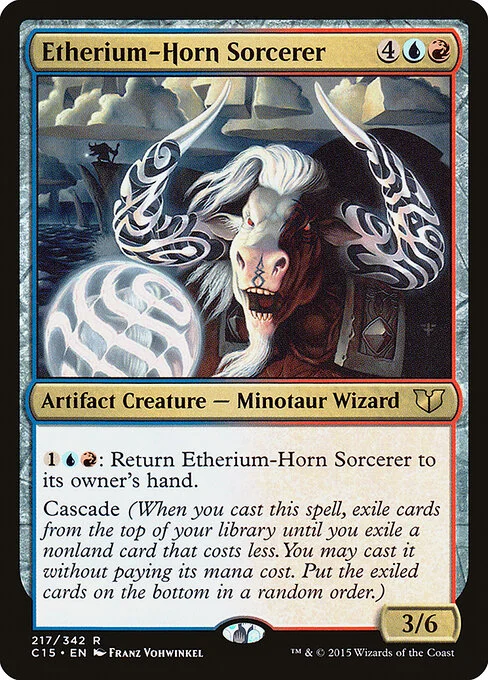 Etherium-Horn Sorcerer, carta Magic di tipo Artifact Creature — Minotaur Wizard Sorcerer illustrata da Franz Vohwinkel