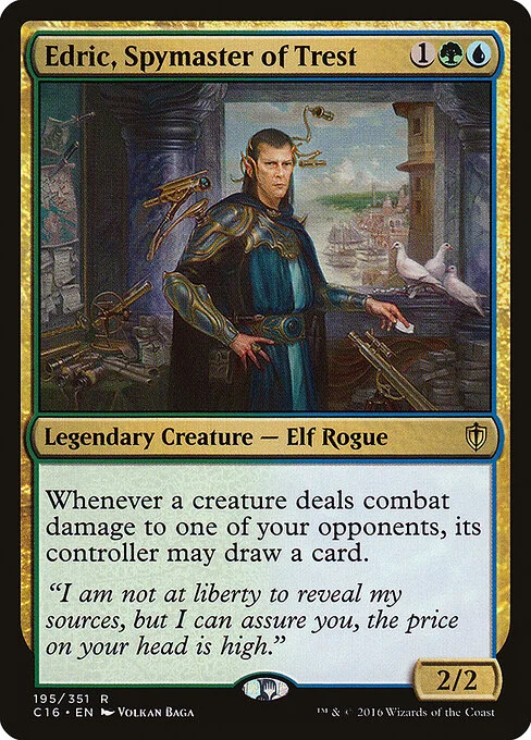 Edric, Spymaster of Trest, carta Magic di tipo Legendary Creature — Elf Rogue illustrata da Volkan Baǵa