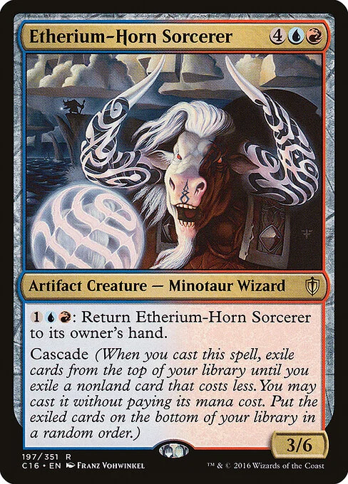 Etherium-Horn Sorcerer, carta Magic di tipo Artifact Creature — Minotaur Wizard Sorcerer illustrata da Franz Vohwinkel