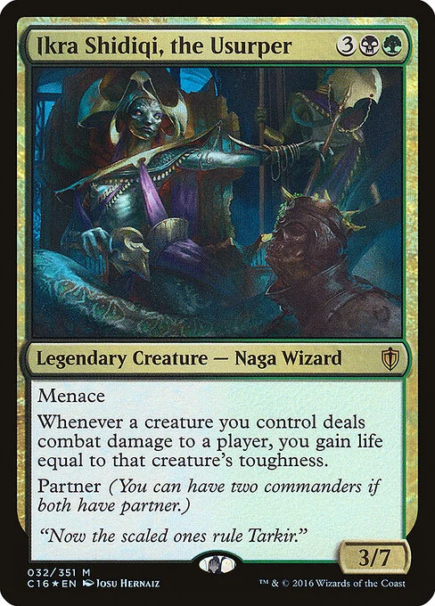 Ikra Shidiqi, the Usurper, carta Magic di tipo Legendary Creature — Snake Wizard illustrata da Josu Hernaiz