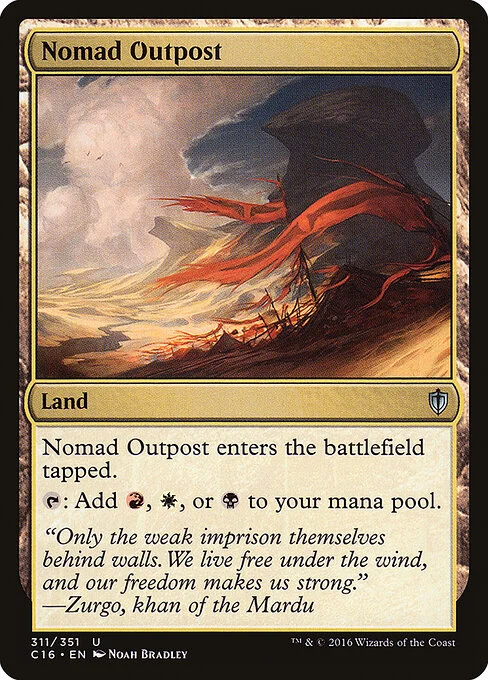 Nomad Outpost, carta Magic di tipo Land illustrata da Noah Bradley
