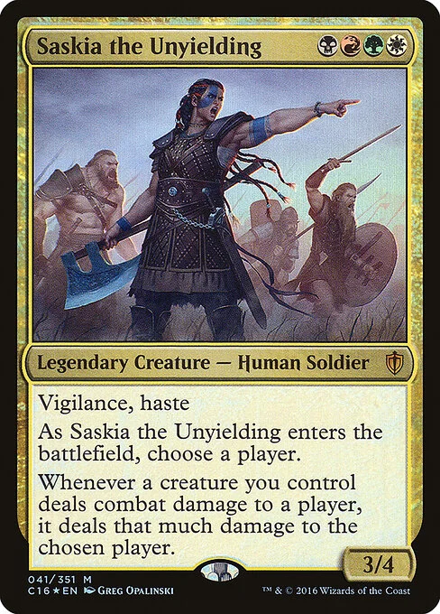 Saskia the Unyielding, carta Magic di tipo Legendary Creature — Human Soldier illustrata da Greg Opalinski