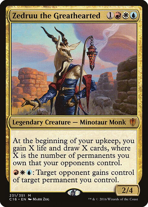 Zedruu the Greathearted, carta Magic di tipo Legendary Creature — Minotaur Monk illustrata da Mark Zug